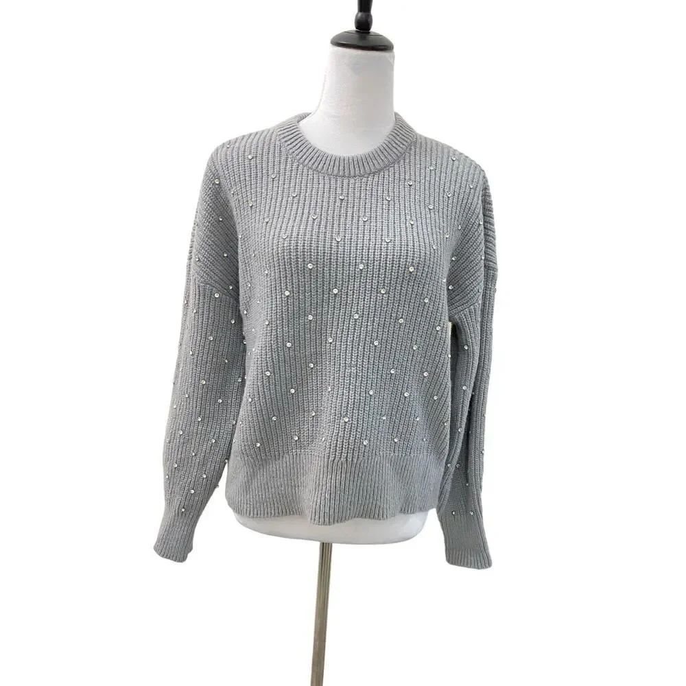 Nine West Pull Sweater Smocked Grey Knit Crystal Embellishments Crew Size L